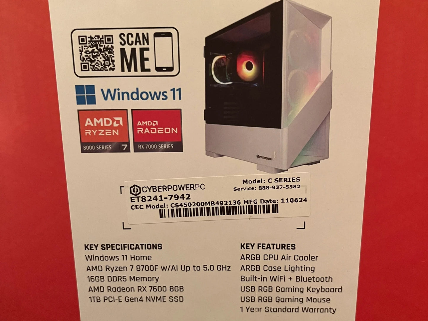 CyberPower Computer, AM5|Rx 7600|Ryzen 7 8700f|DDR5 Ram|1TB NVME SSD|Windows 11